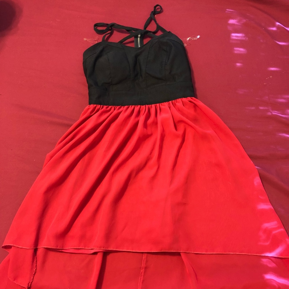 High low above knee red and black dress